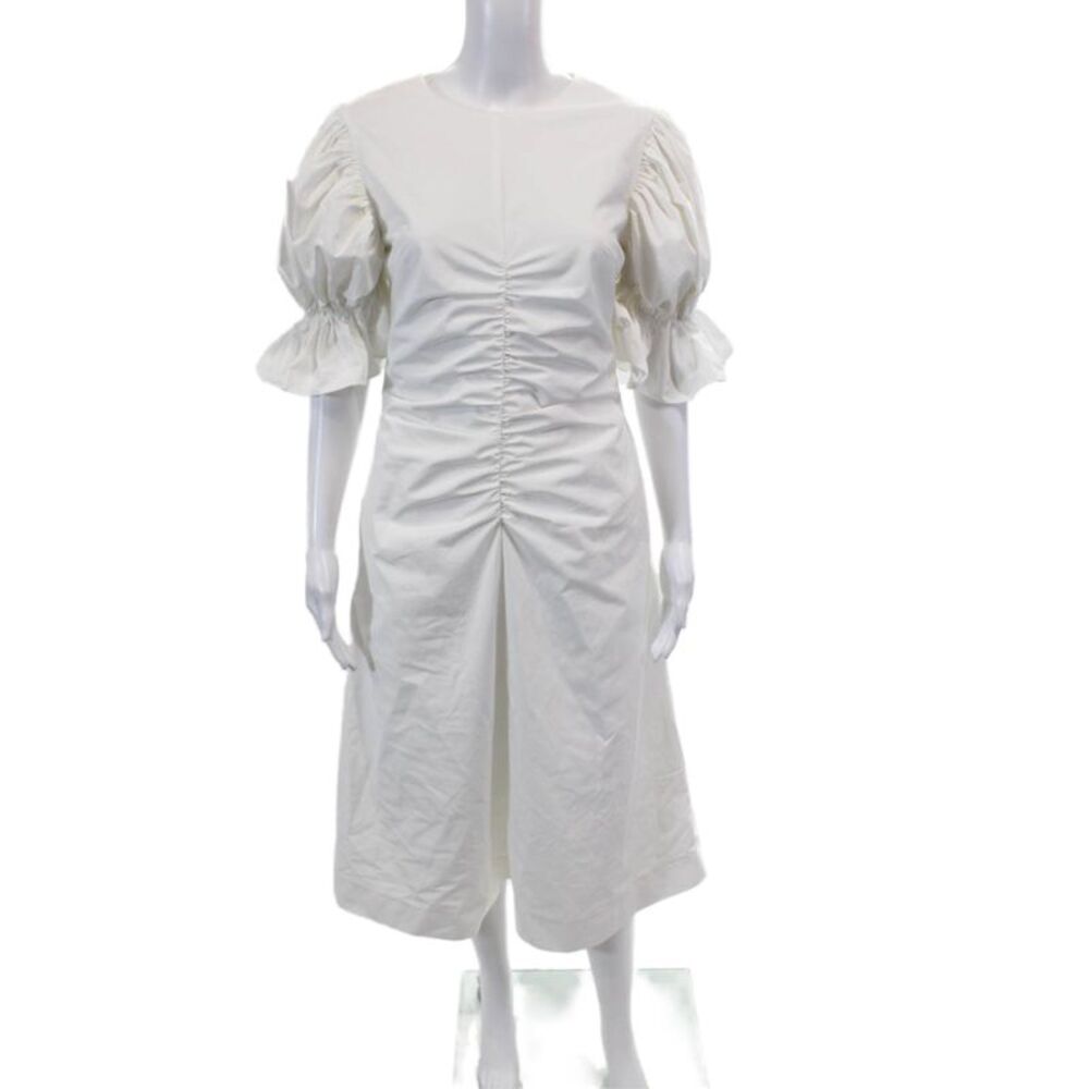 Edit Womens Short Puffy Sleeves Ruched Maxi Dress White Cotton Size Small